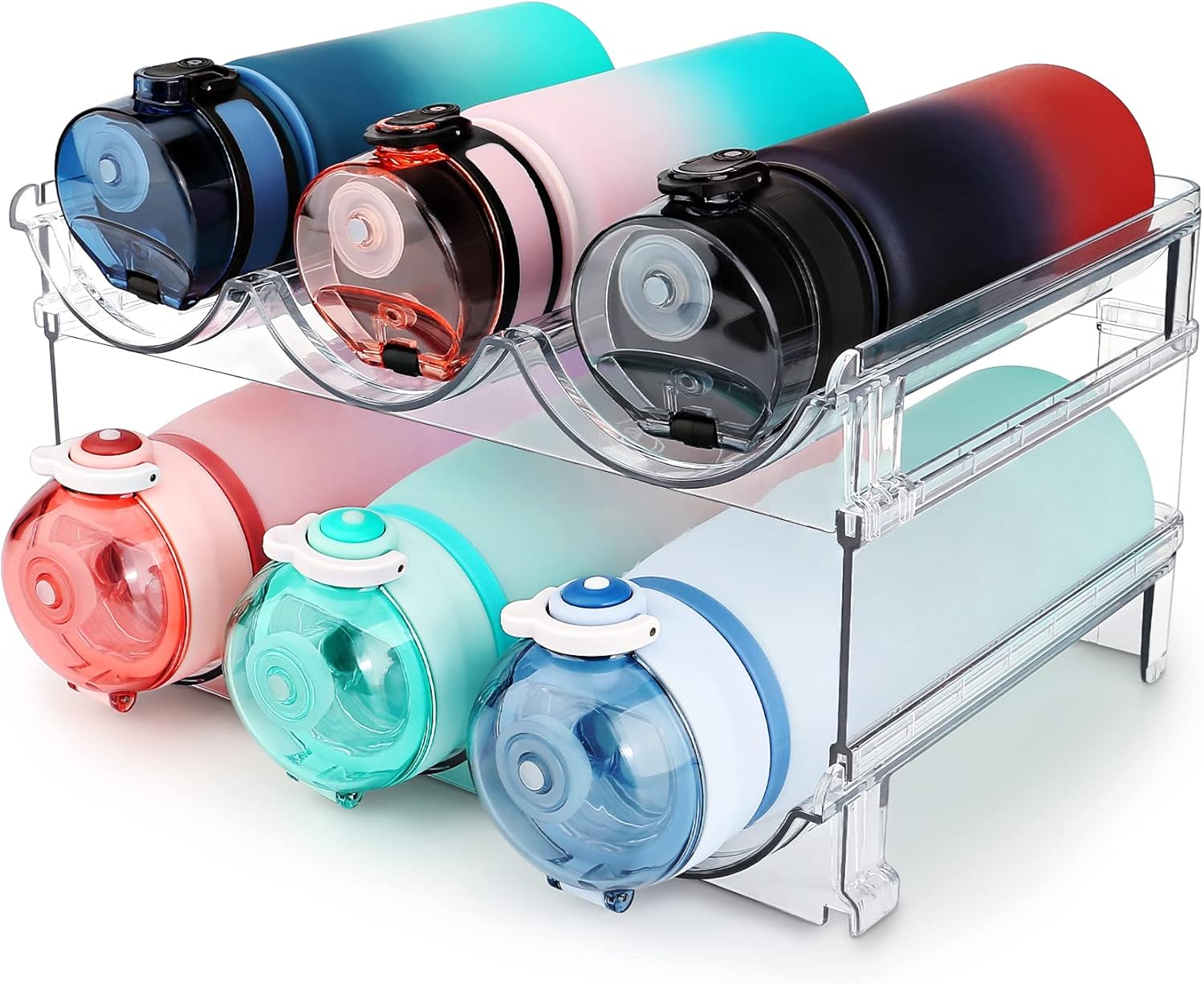 Colorful bottles with gradient designs on a clear stand against a white background